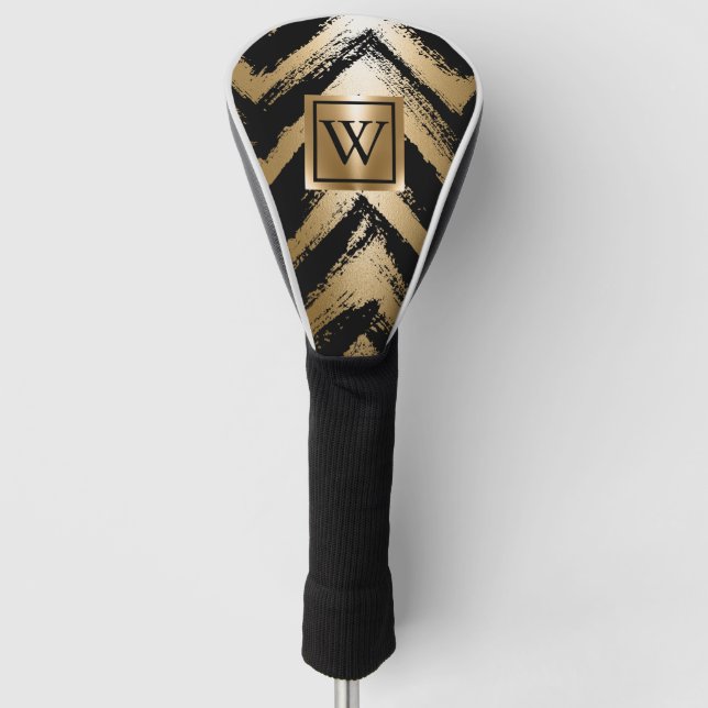 Black and Golden Brush Stripes Golf Head Cover (Front)
