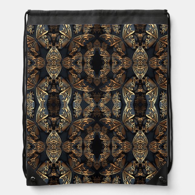 Black and Golden Butterfly Seamless Pattren Drawstring Bag (Front)