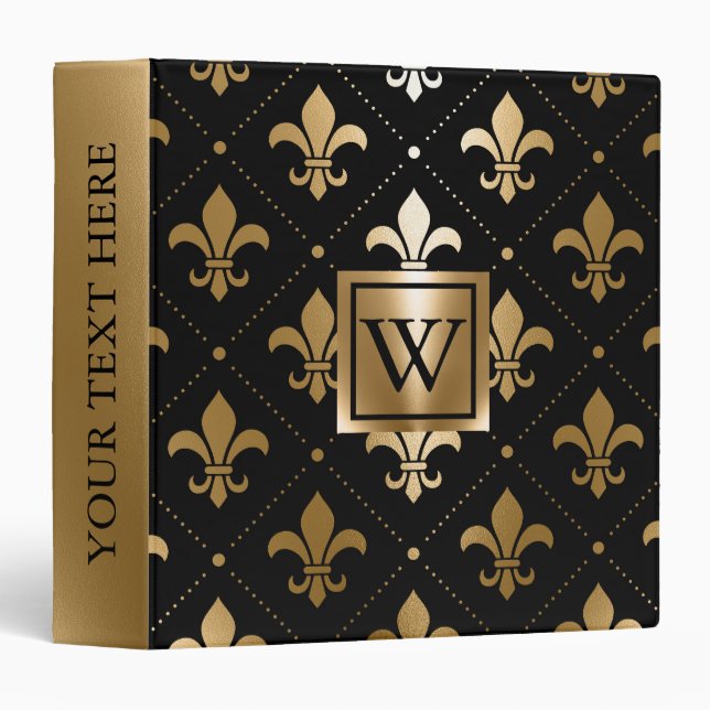 Black and Golden Fleur-de-lis 3 Ring Binder (Front/Spine)