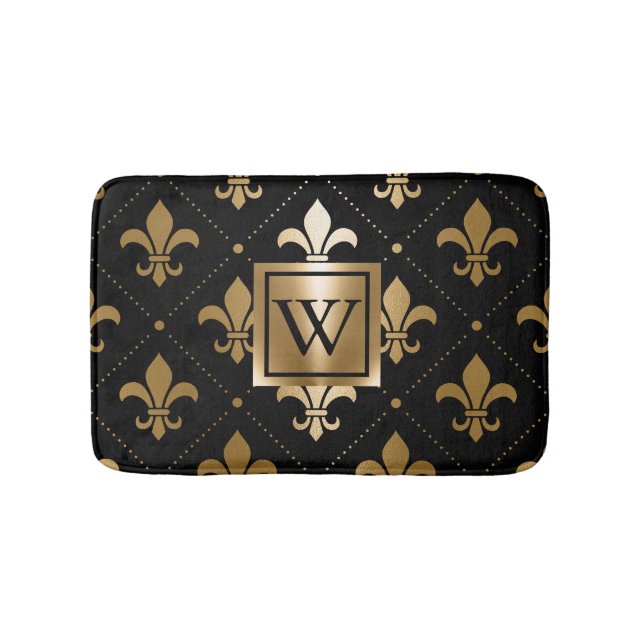 Black and Golden Fleur-de-lis Bath Mat (Front)