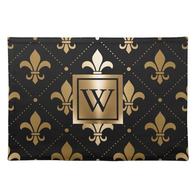 Black and Golden Fleur-de-lis Cloth Placemat (Front)