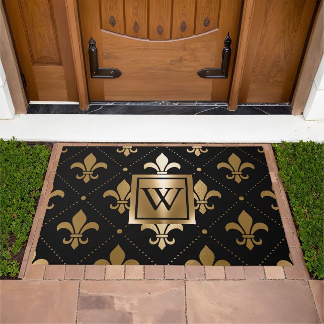 Black and Golden Fleur-de-lis Doormat (Outdoor)