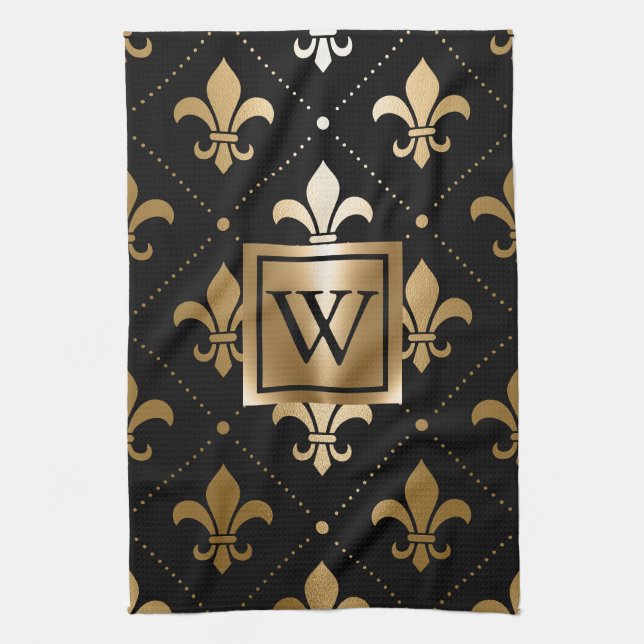 Black and Golden Fleur-de-lis Kitchen Towel (Vertical)