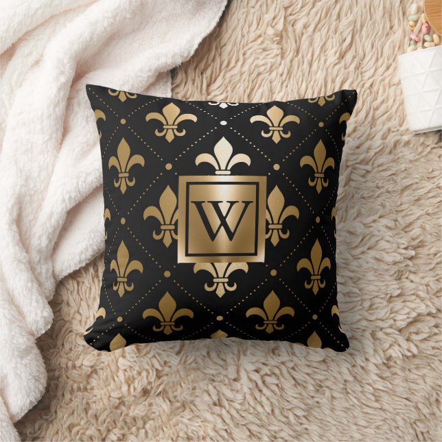 Black and Golden Fleur-de-lis Throw Pillow (Blanket)