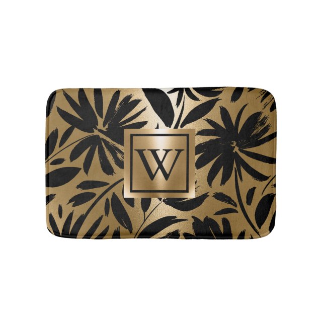 Black and Golden Floral Brush Bath Mat (Front)