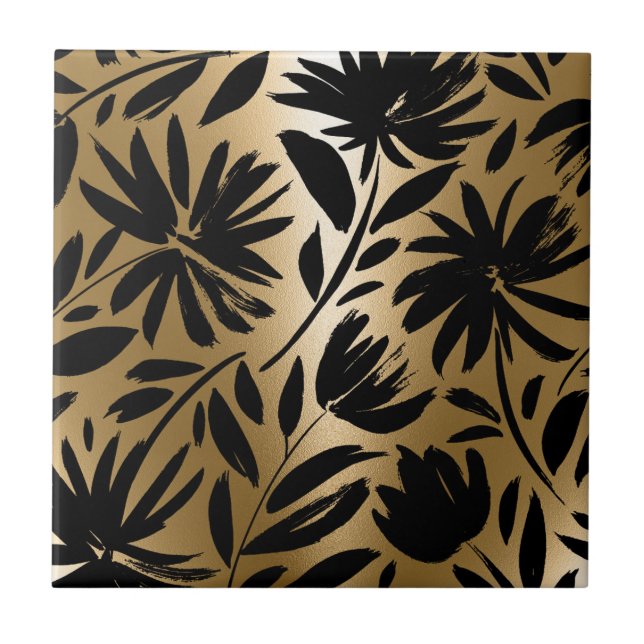 Black and Golden Floral Brush Ceramic Tile (Front)