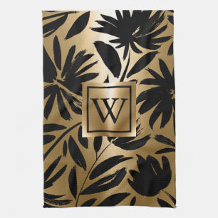 Black and Golden Floral Brush Kitchen Towel