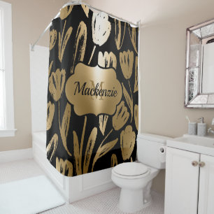 Black and Golden Flowers  Shower Curtain