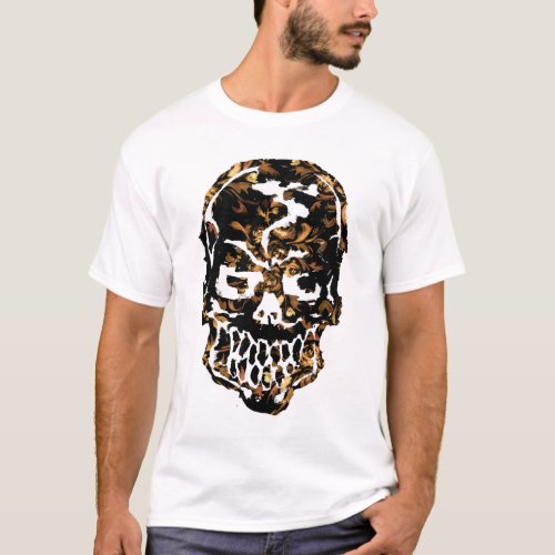 Black and Golden Flowers Skull T_Shirt