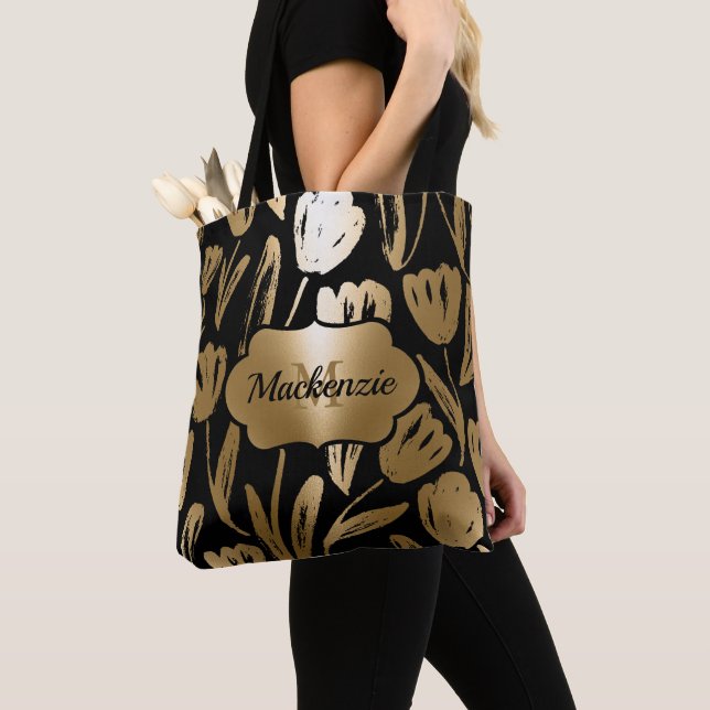 Black and Golden Flowers  Tote Bag (Close Up)