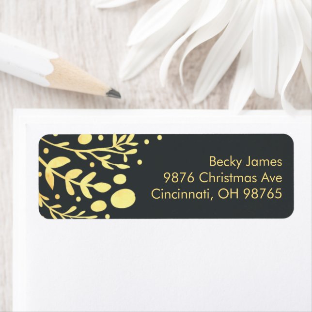 Black and Golden Foil Foliage Christmas Address Label (Insitu)