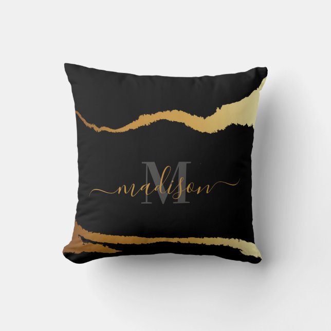 Black and Golden Foil Monogram Throw Pillow (Front)