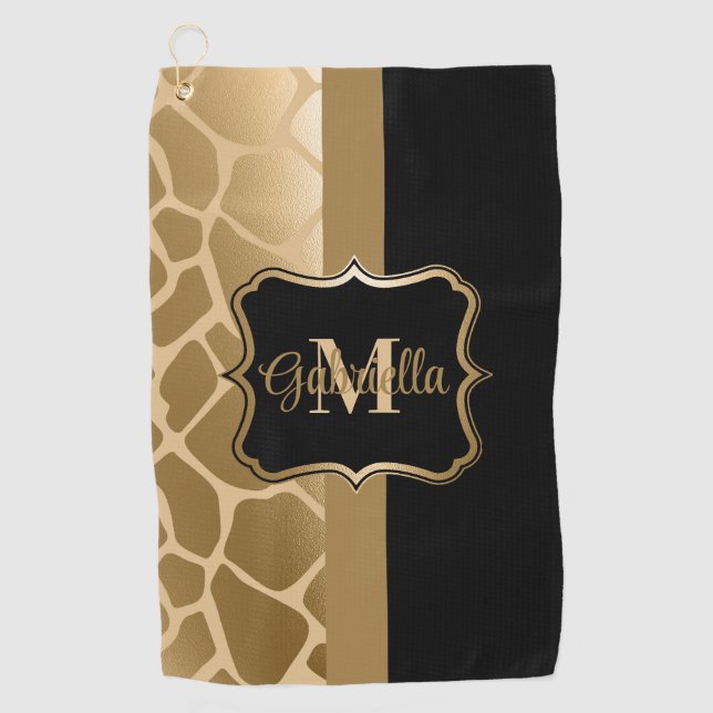 Black and Golden Giraffe Pattern Golf Towel (Front)