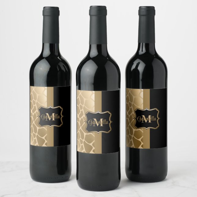 Black and Golden Giraffe Pattern Wine Label (Bottles)