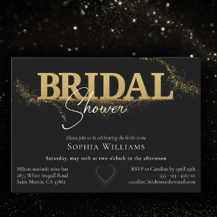 Black and golden glitter glamorous bridal shower invitation