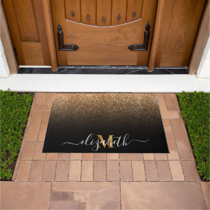 Black and Golden Glitter Monogram Doormat