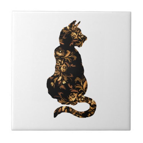 Black and Golden Kitty Cat Ceramic Tile
