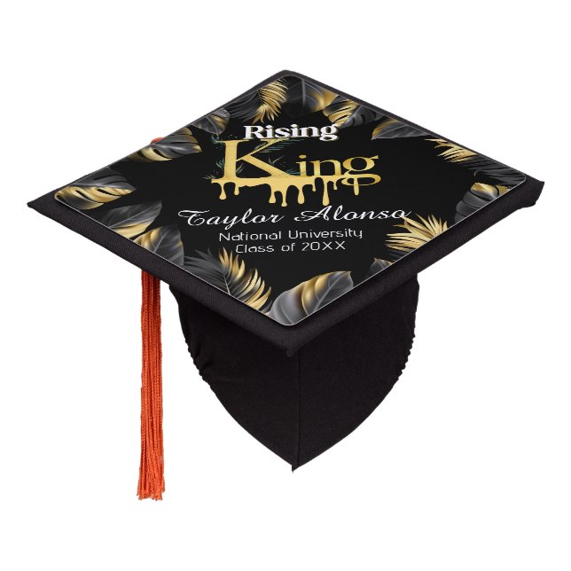 Black and Golden Leaves Rising King Men Custom Graduation Cap