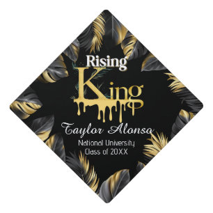 Black and Golden Leaves Rising King Men Custom Graduation Cap Topper