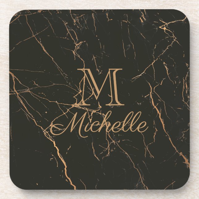 Black and Golden Marble Beverage Coaster (Front)