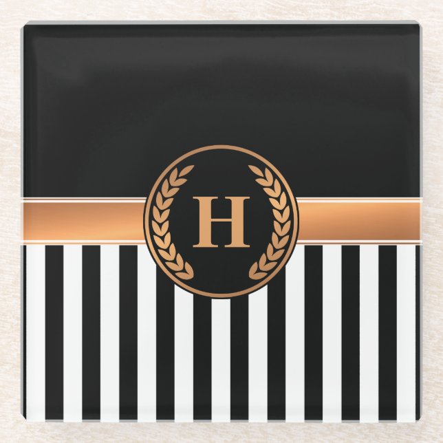 Black and Golden Monogram Glass Coaster (Front)