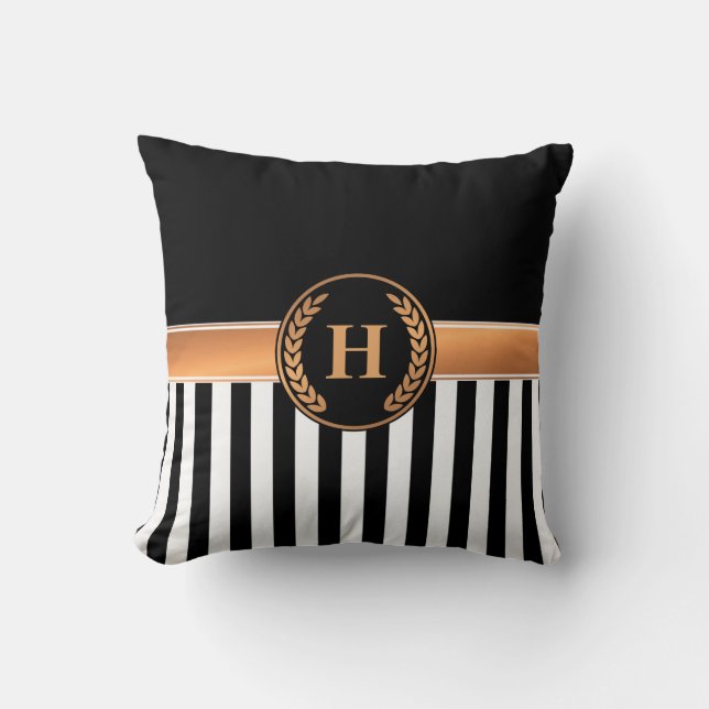 Black and Golden Monogram Throw Pillow (Front)