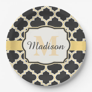 Black and Golden Moroccan Quatrefoil Paper Plates