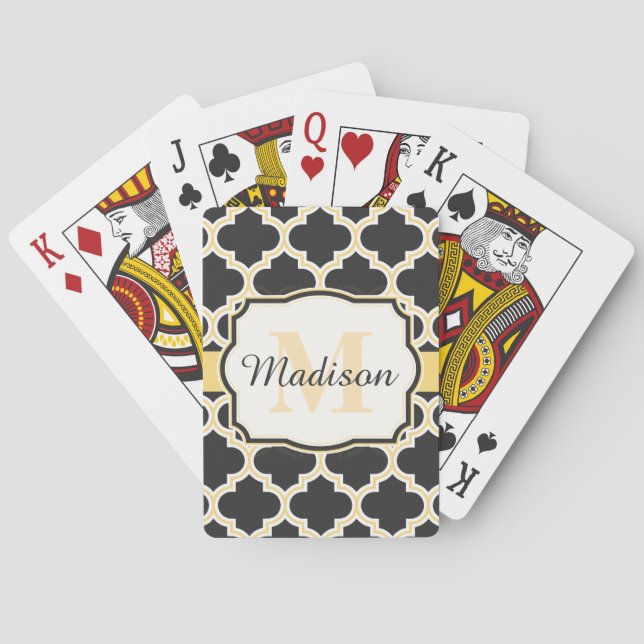 Black and Golden Moroccan Quatrefoil Poker Cards (Back)