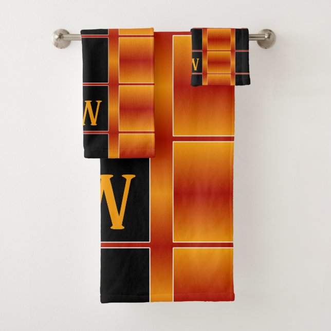 Black And Golden Orange Squares Geometric Bath Towel Set (Insitu)