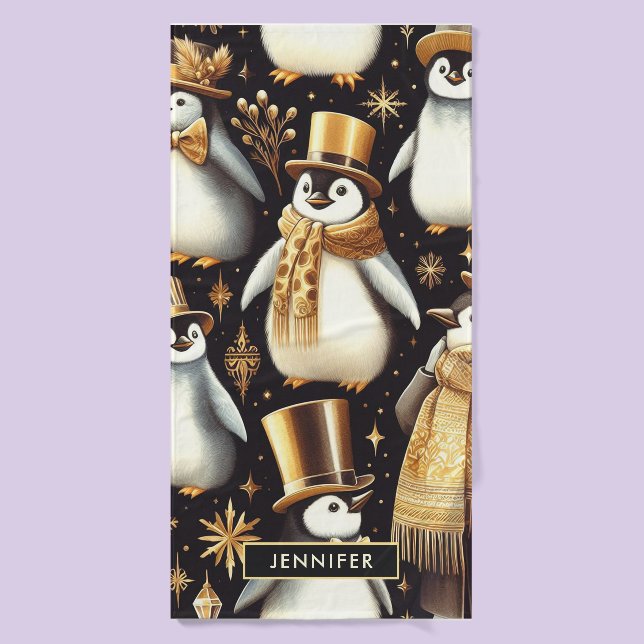 Black and Golden Penguin Bath Towel (Bath Towel)