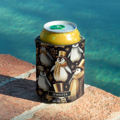 Black and Golden Penguin Can Cooler