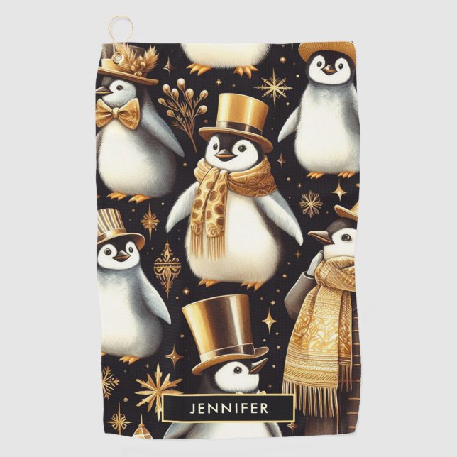 Black and Golden Penguin Golf Towel (Front)