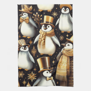 Black and Golden Penguin Kitchen Towel