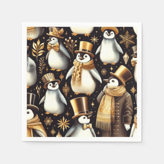Black and Golden Penguin Napkins (Front)