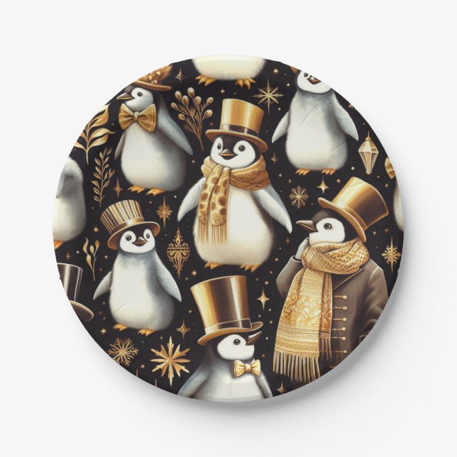 Black and Golden Penguin Paper Plates (Front)