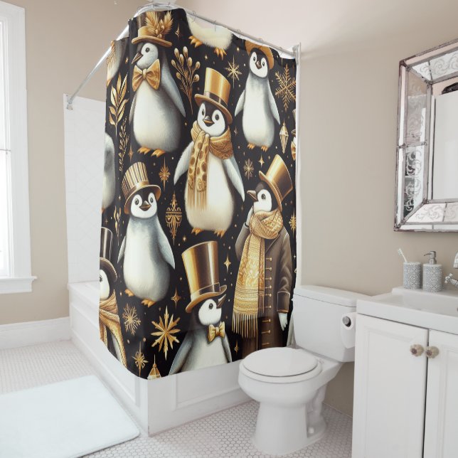 Black and Golden Penguin Shower Curtain (In Situ)