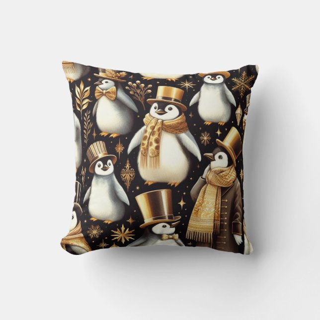 Black and Golden Penguin Throw Pillow (Front)