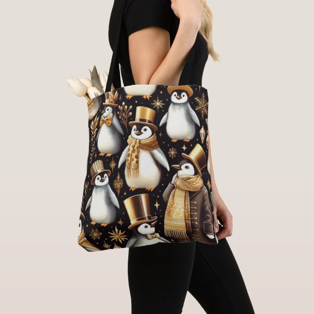 Black and Golden Penguin Tote Bag (Close Up)