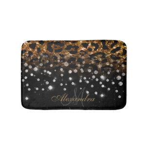 Black and Golden Sparkle Leopard Print Bath Mat