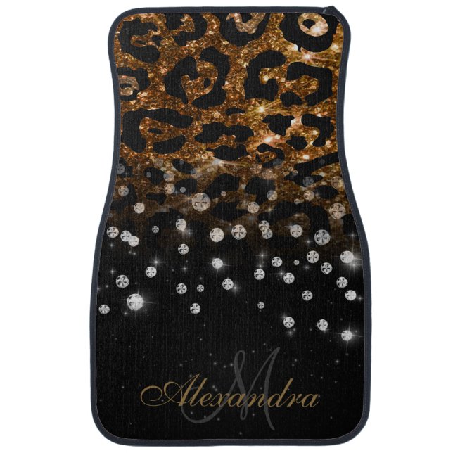 Black and Golden Sparkle Leopard Print Car Floor Mat (Front)
