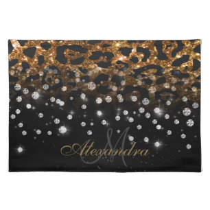 Black and Golden Sparkle Leopard Print Cloth Placemat