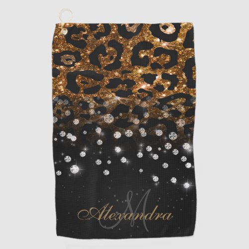 Black and Golden Sparkle Leopard Print Golf Towel