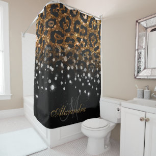 Black and Golden Sparkle Leopard Print Shower Curtain