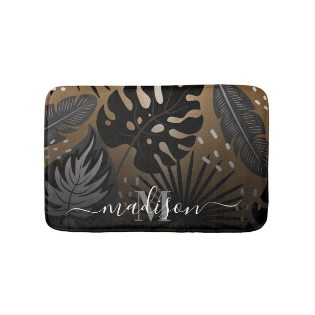 Black and Golden Tropical Leaves Bath Mat (Front)