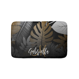 Black and Golden Tropical Leaves Bath Mat
