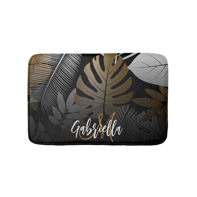 Black and Golden Tropical Leaves Bath Mat (Front)