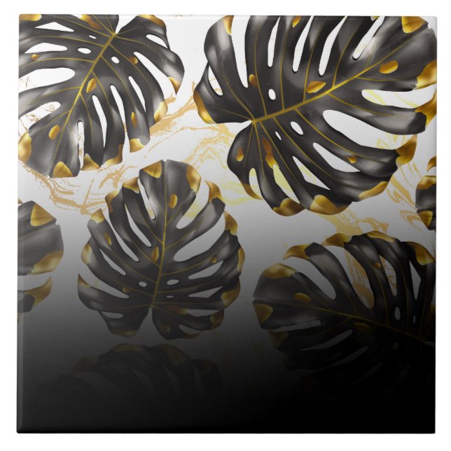 Black and Golden Tropical Leaves Ceramic Tile (Front)