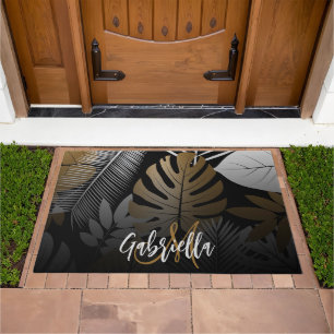 Black and Golden Tropical Leaves Doormat