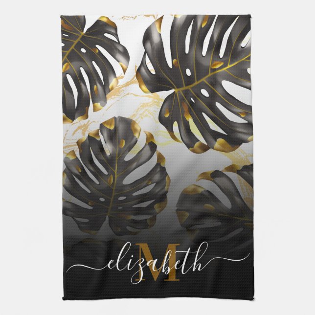 Black and Golden Tropical Leaves Kitchen Towel (Vertical)