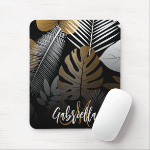 Black and Golden Tropical Leaves Mouse Pad